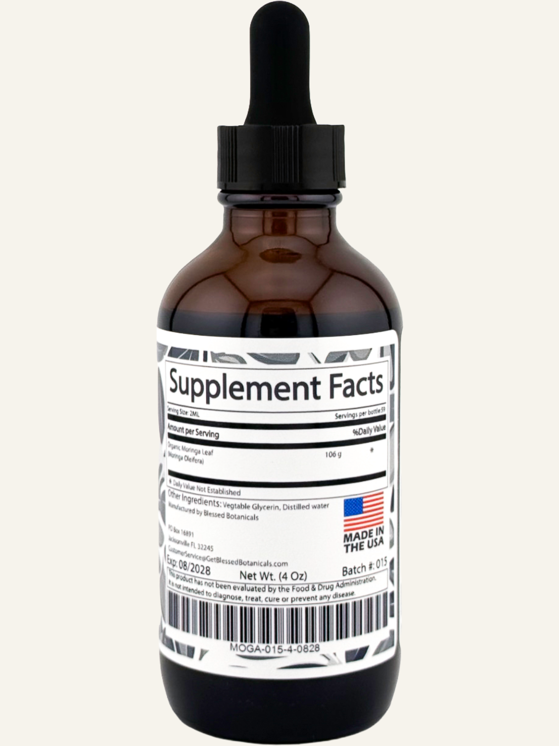 Blessed Botanicals moringa supplement facts label with ingredients and serving information for daily wellness support