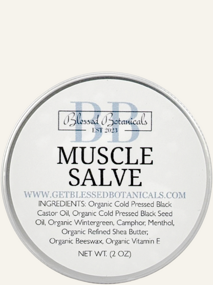 Blessed Botanicals muscle salve lid label top view showing product name and ingredients