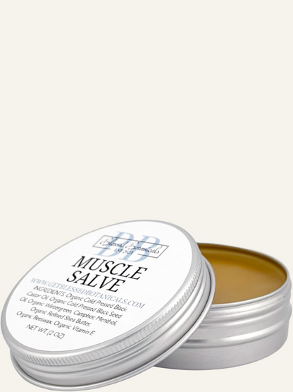 Blessed Botanicals muscle salve open tin showing balm texture for topical skin application