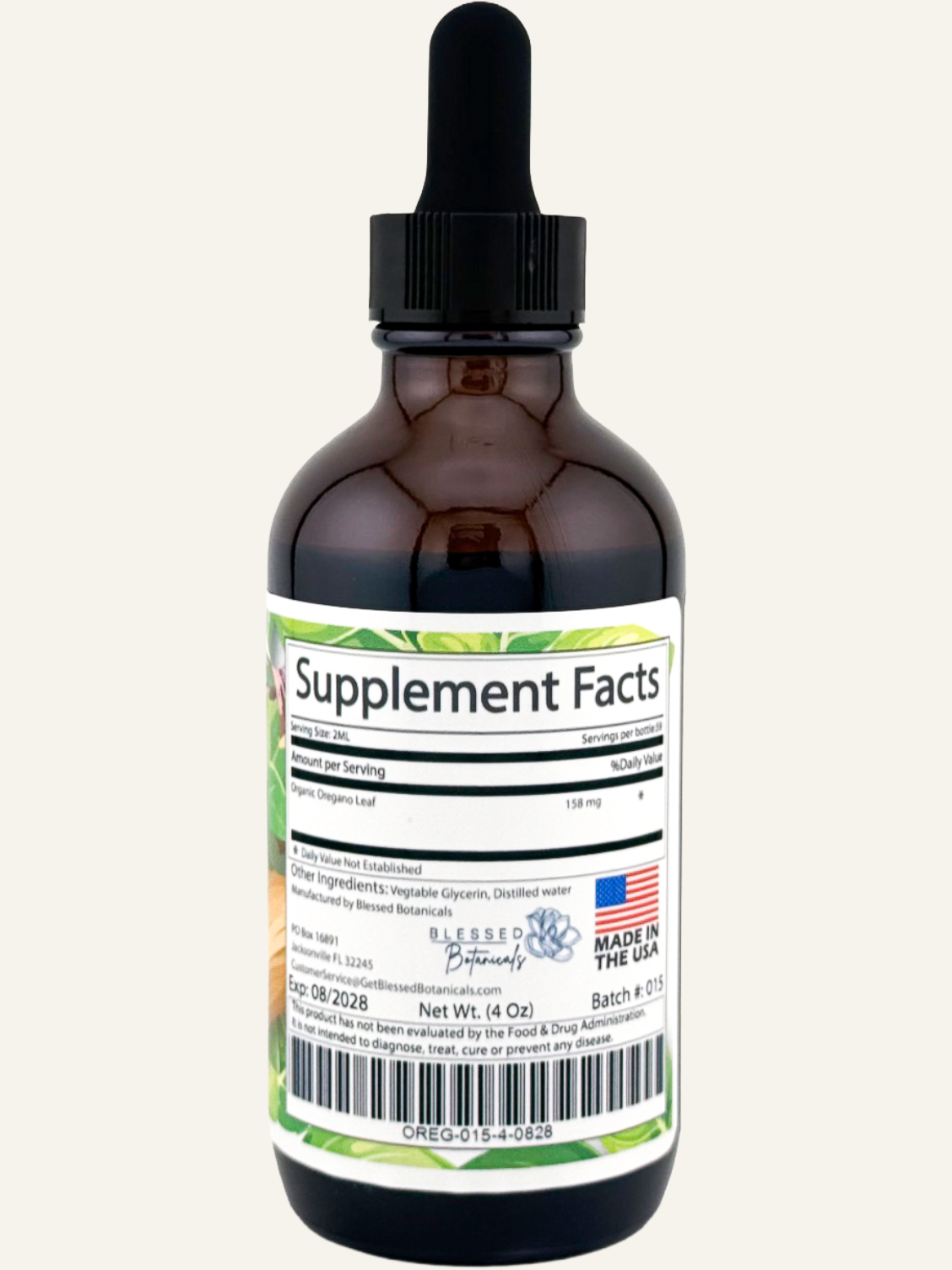 Blessed Botanicals oregano extract supplement facts label showing ingredients and serving information for daily wellness support