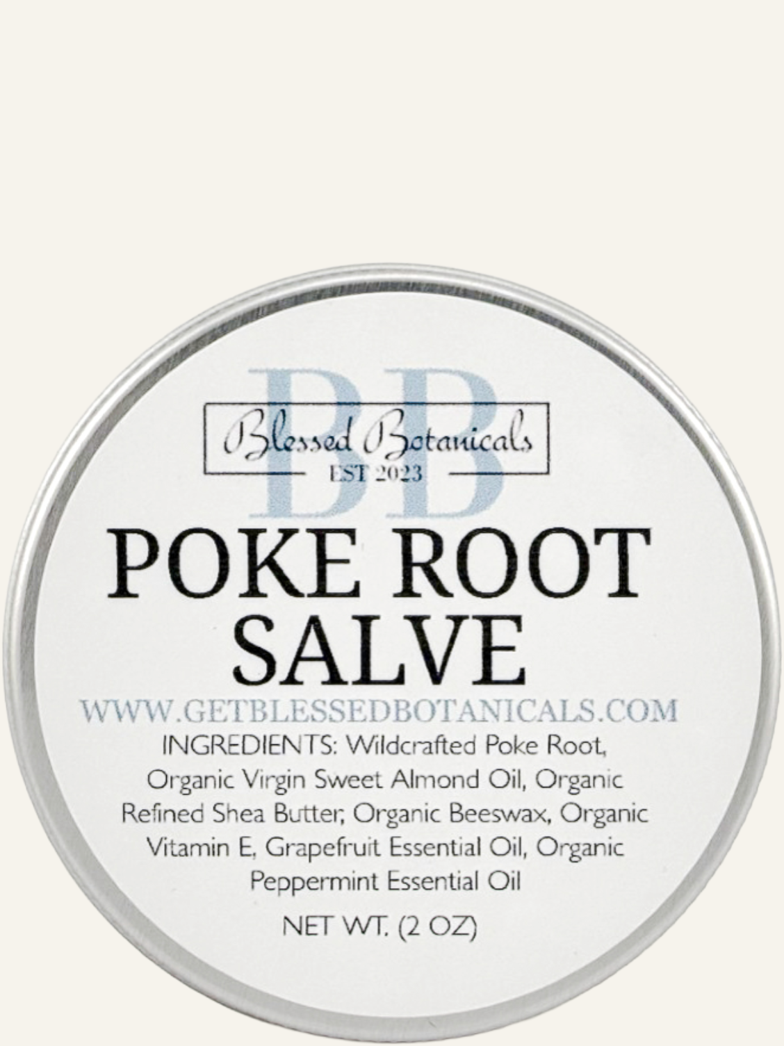 Blessed Botanicals poke root salve lid label top view showing product name and ingredients