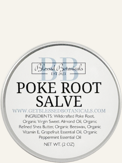 Blessed Botanicals poke root salve lid label top view showing product name and ingredients