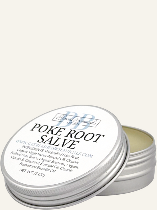 Blessed Botanicals poke root salve open tin showing balm texture for topical skin application