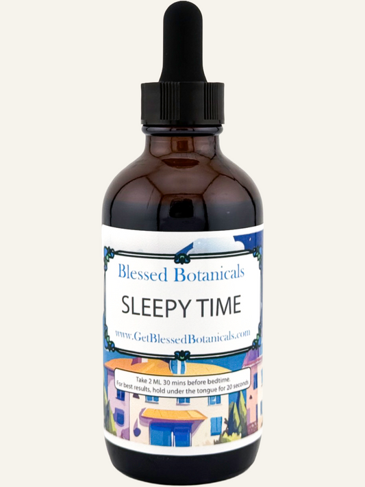 Blessed Botanicals Sleepy Time herbal extract dropper for nighttime relaxation support in amber glass bottle