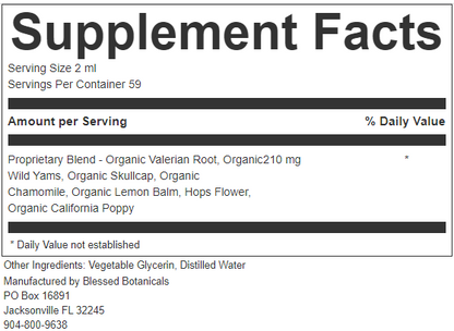 Close up of Blessed Botanicals Sleepy Time supplement facts showing valerian root and calming herbal ingredients for nighttime relaxation support