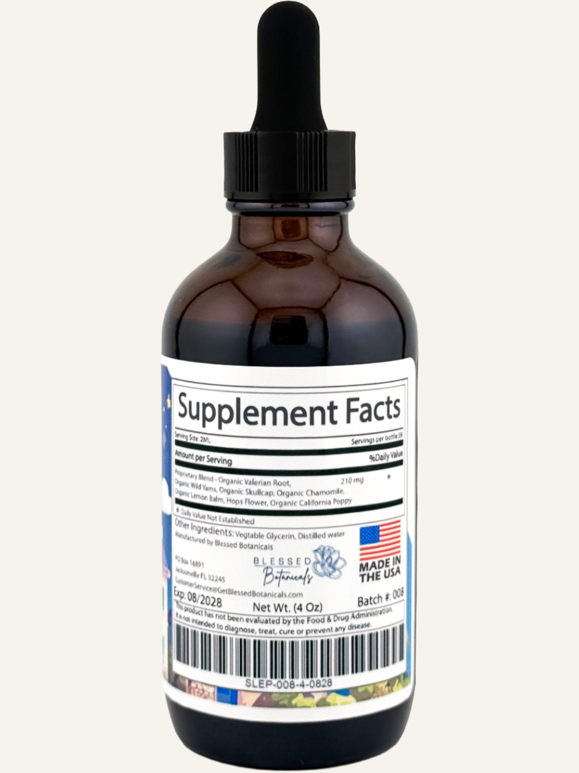 Blessed Botanicals Sleepy Time supplement facts label with ingredients and serving information for nighttime relaxation support