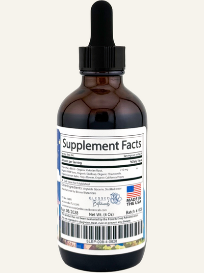 Blessed Botanicals Sleepy Time supplement facts label with ingredients and serving information for nighttime relaxation support