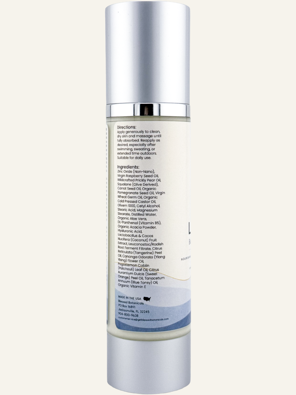 Blessed Botanicals Sun Lotion directions and ingredients label showing botanical formulation on bottle