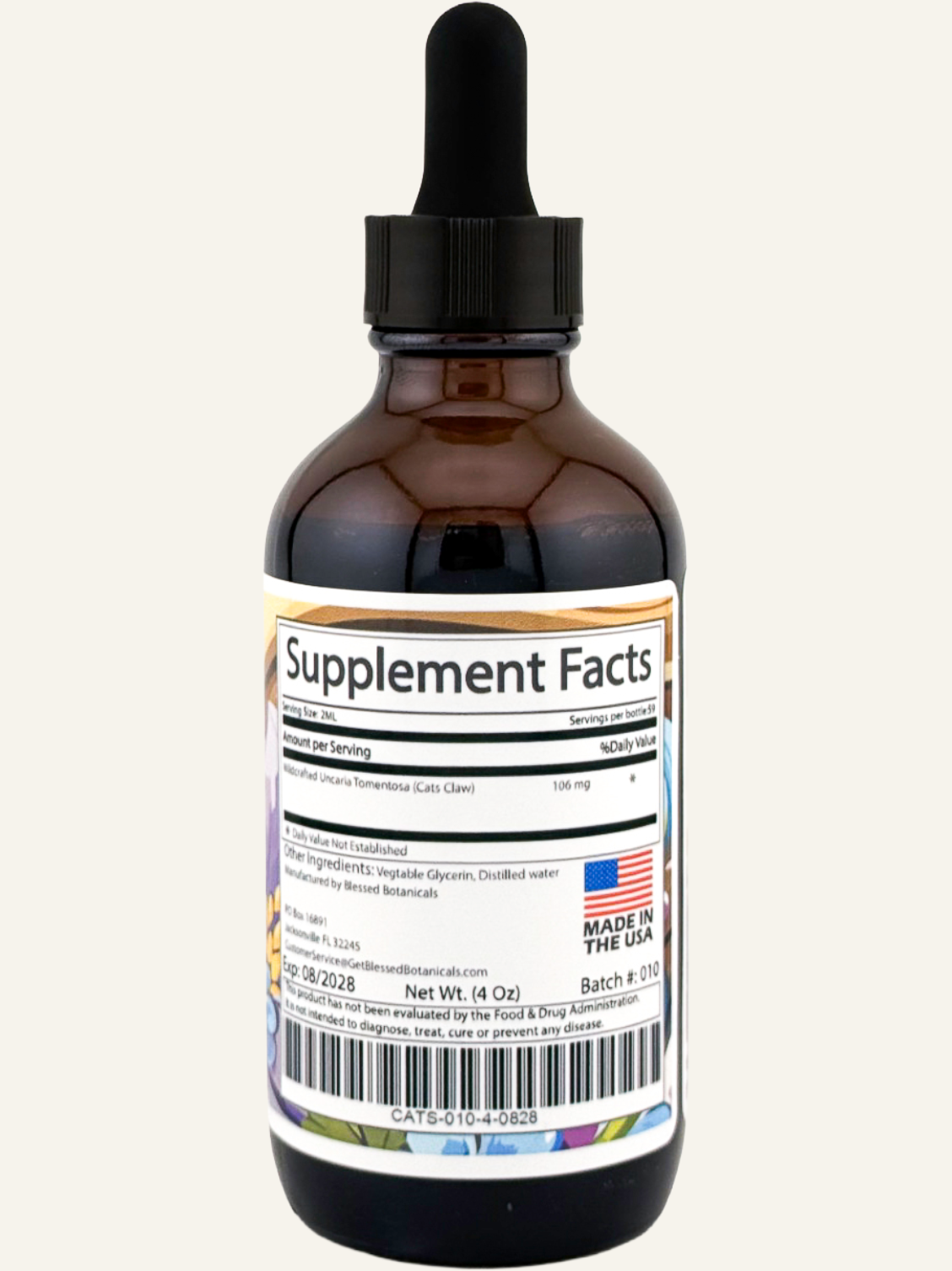 cats claw supplement facts showing uncaria tomentosa extract 106 mg serving size herbal tincture