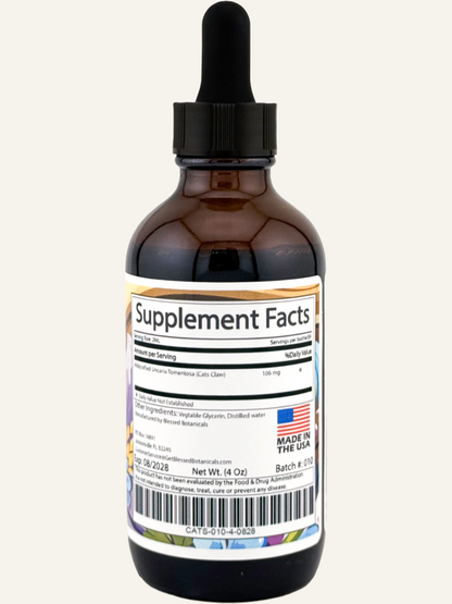 cats claw supplement facts showing uncaria tomentosa extract 106 mg serving size herbal tincture