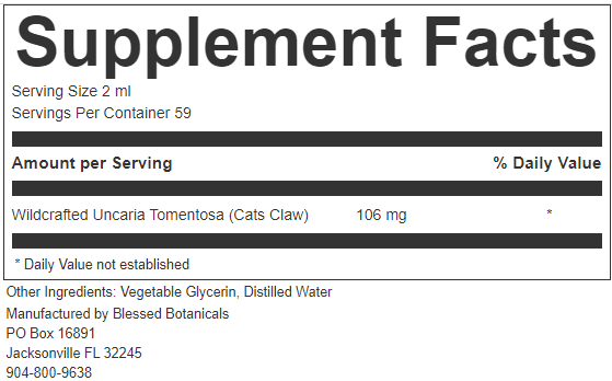 wildcrafted cats claw supplement facts showing uncaria tomentosa extract 106 mg serving size