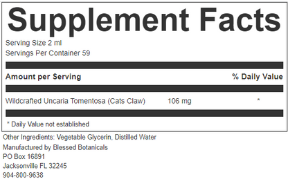 wildcrafted cats claw supplement facts showing uncaria tomentosa extract 106 mg serving size
