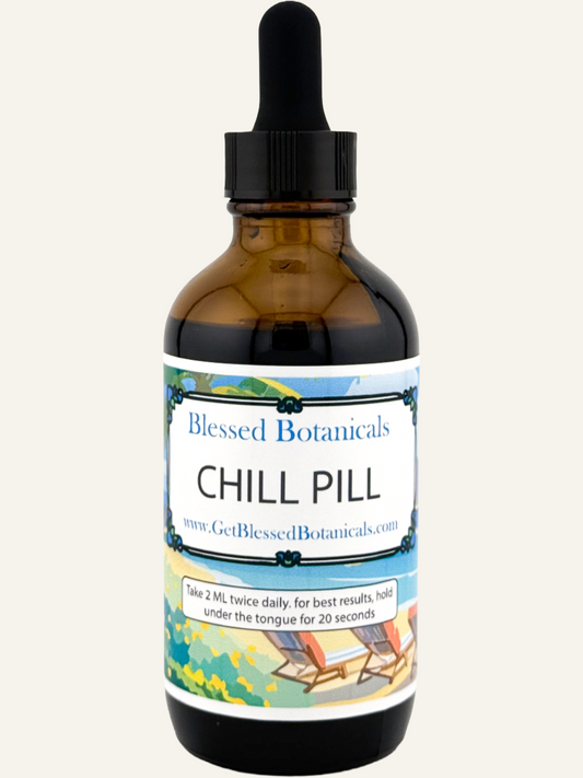chill pill herbal tincture bottle relaxation supplement liquid extract blessed botanicals