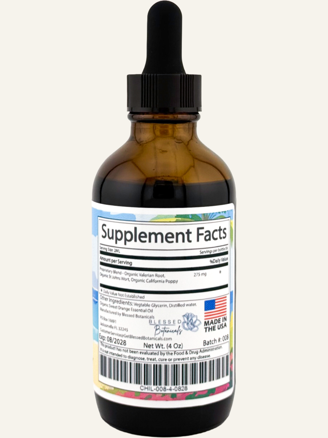 chill pill herbal tincture supplement facts label with valerian root and calming herbs