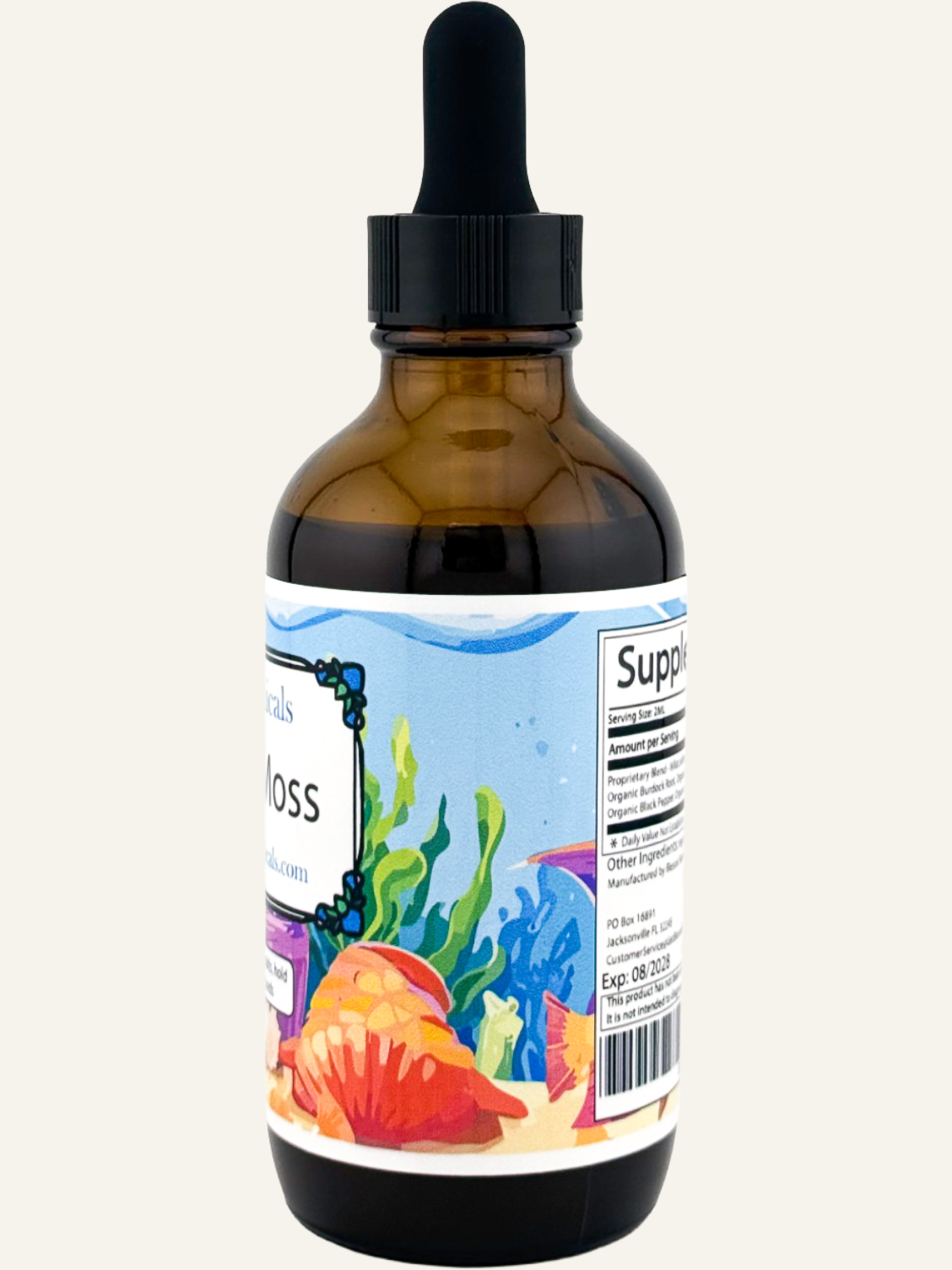 irish sea moss tincture bottle side label with ocean and seaweed artwork