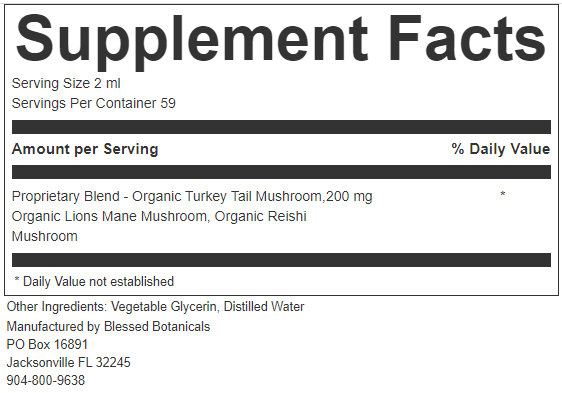 mushroom blend tincture supplement facts turkey tail lions mane reishi herbal extract