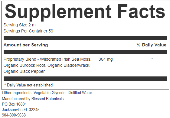irish sea moss blend supplement facts with burdock root bladderwrack black pepper tincture