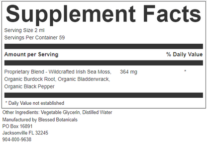 irish sea moss blend supplement facts with burdock root bladderwrack black pepper tincture