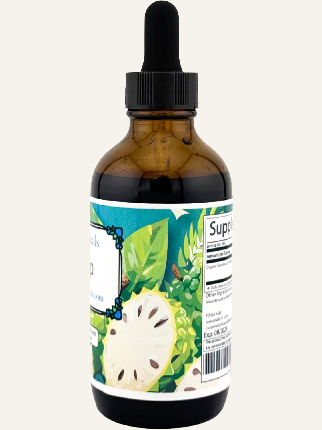 soursop graviola extract bottle side view showing fruit illustration and herbal tincture label