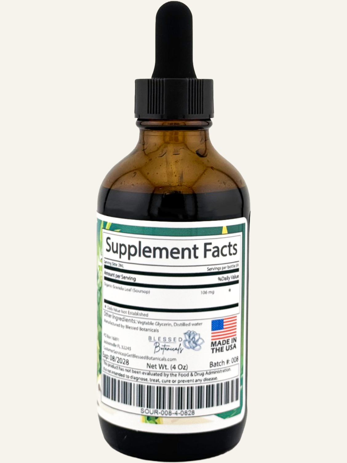 soursop graviola supplement facts label showing annona muricata leaf extract and serving size