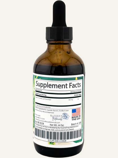 soursop graviola supplement facts label showing annona muricata leaf extract and serving size